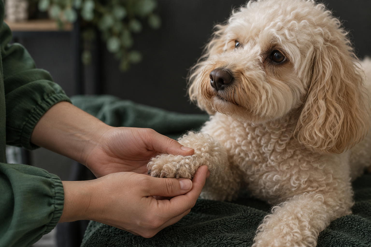 Грумер бережно держит лапу спокойного пуделя